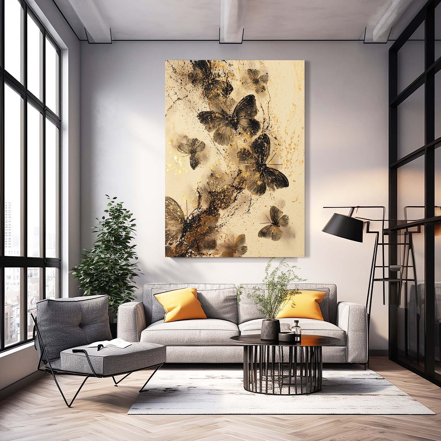 Sepia Butterfly Drift Gold Art – styled in a furnished interior