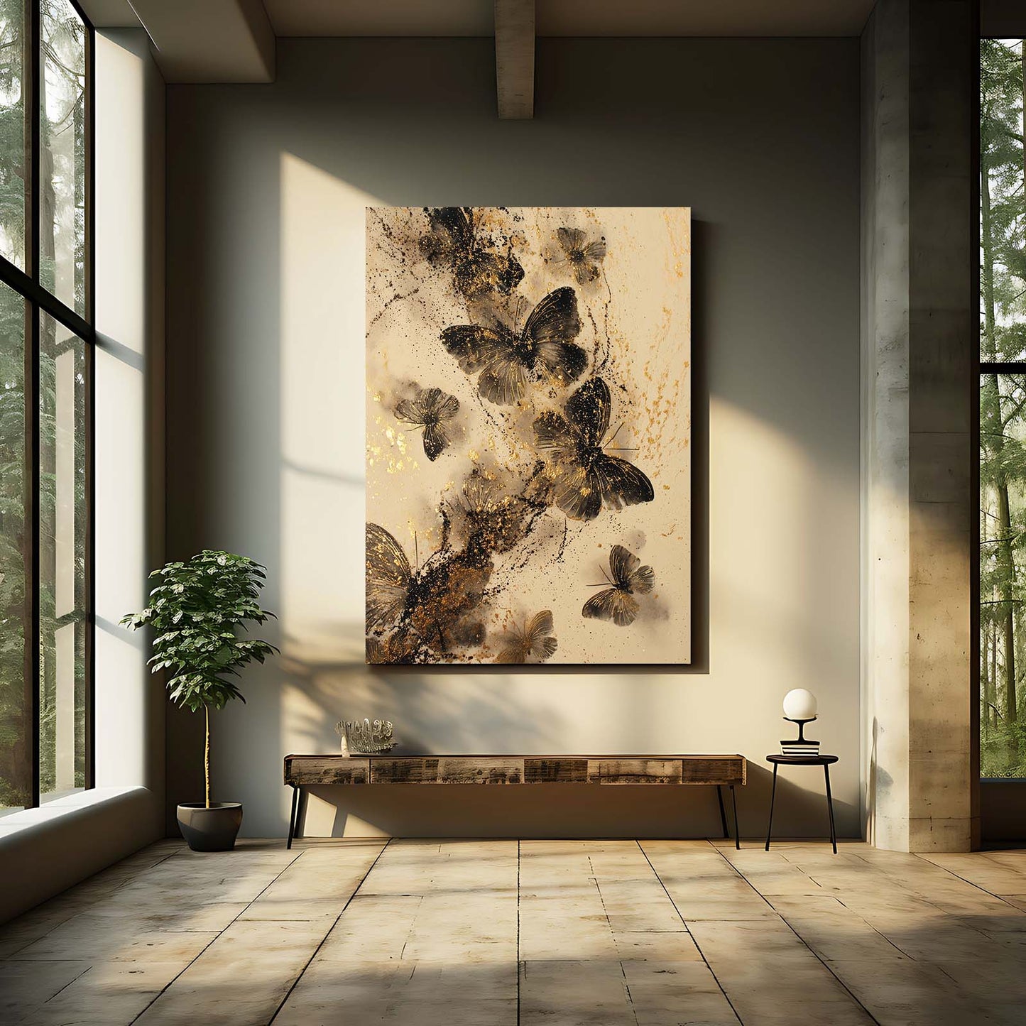 Sepia Butterfly Drift Gold Art – styled in a furnished interior