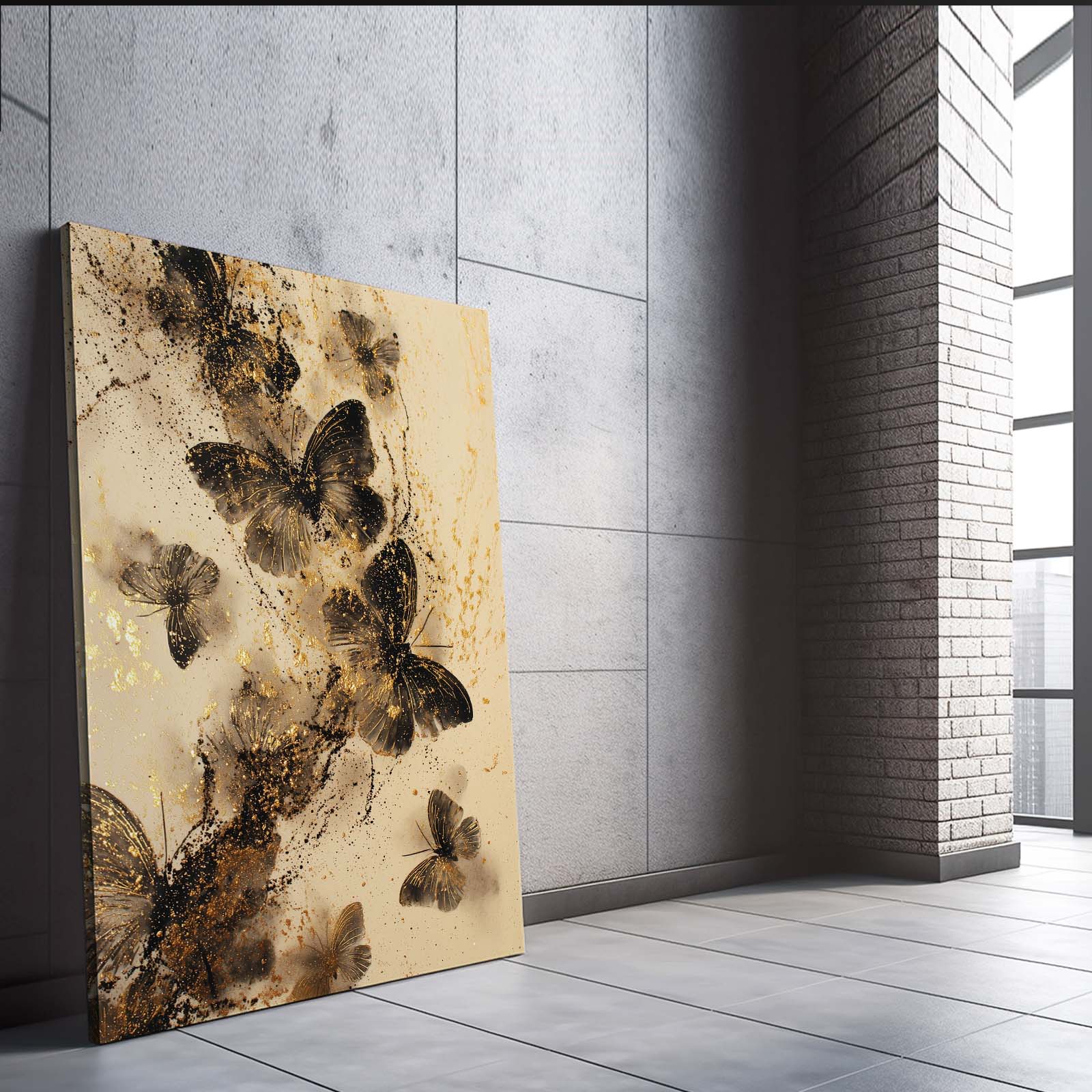 Sepia Butterfly Drift Gold Art – styled in a furnished interior