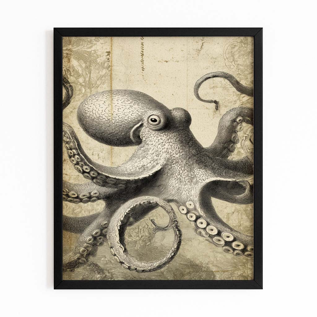 Sepia Etching Octopus Wall Decor – with Premium Black frame on white background