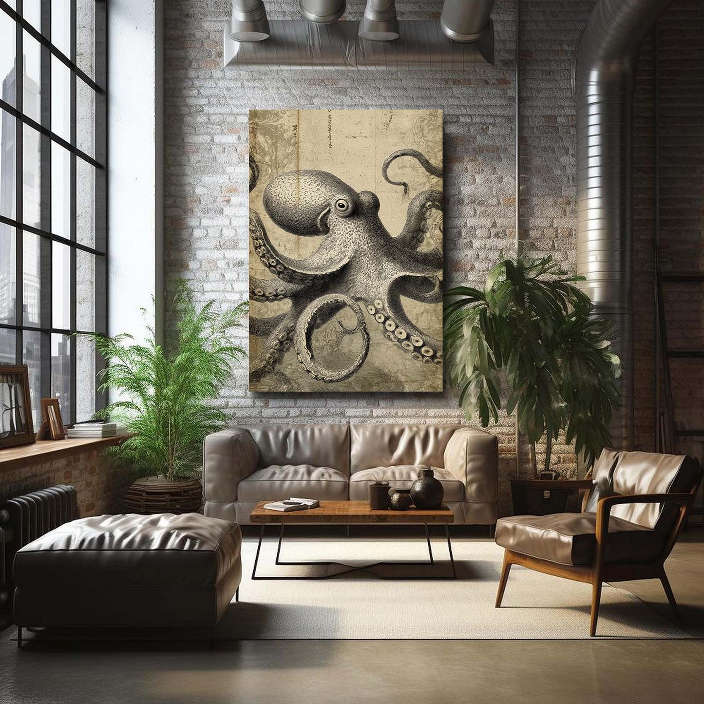 Sepia Etching Octopus Wall Decor – styled in a furnished interior