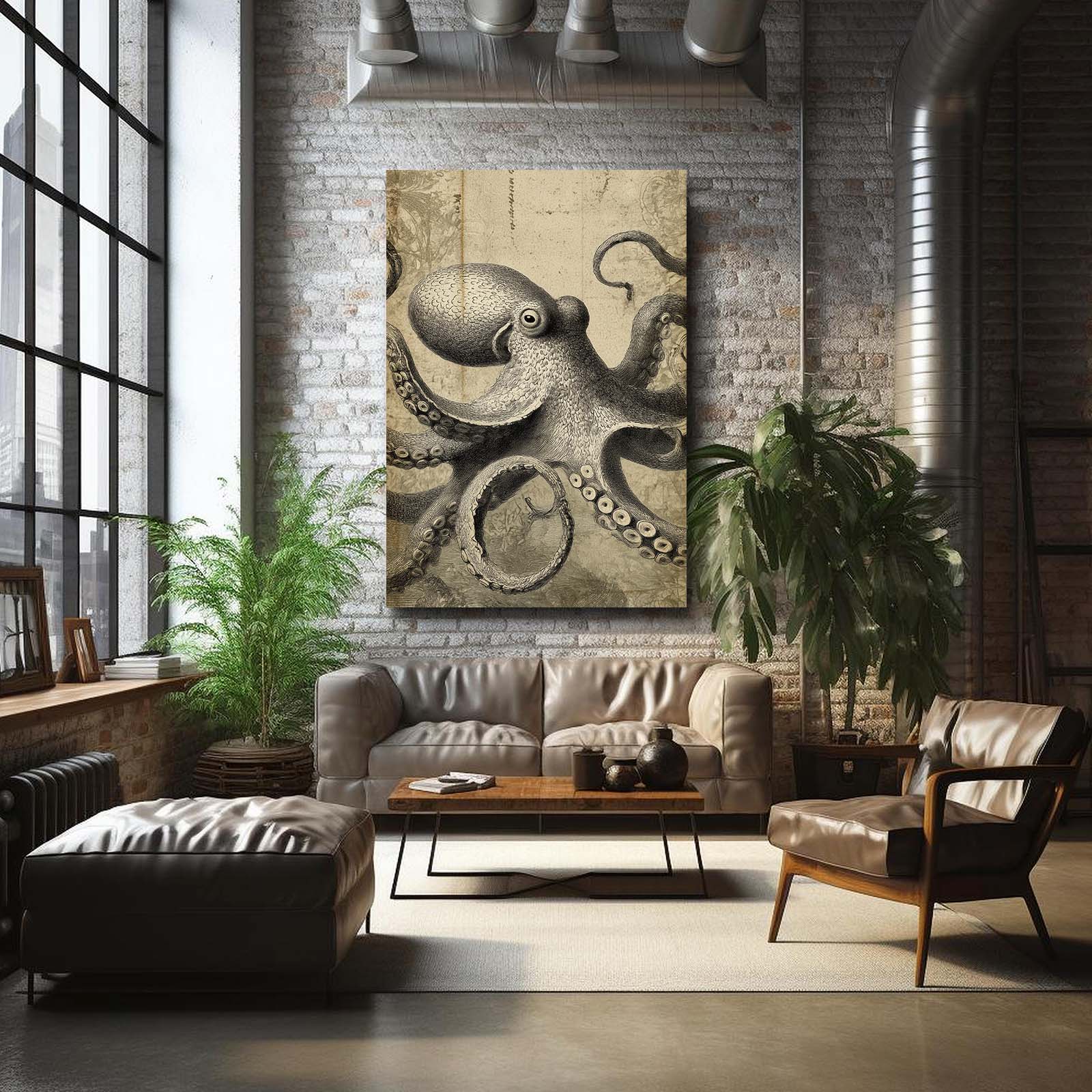 Sepia Etching Octopus Wall Decor – styled in a furnished interior
