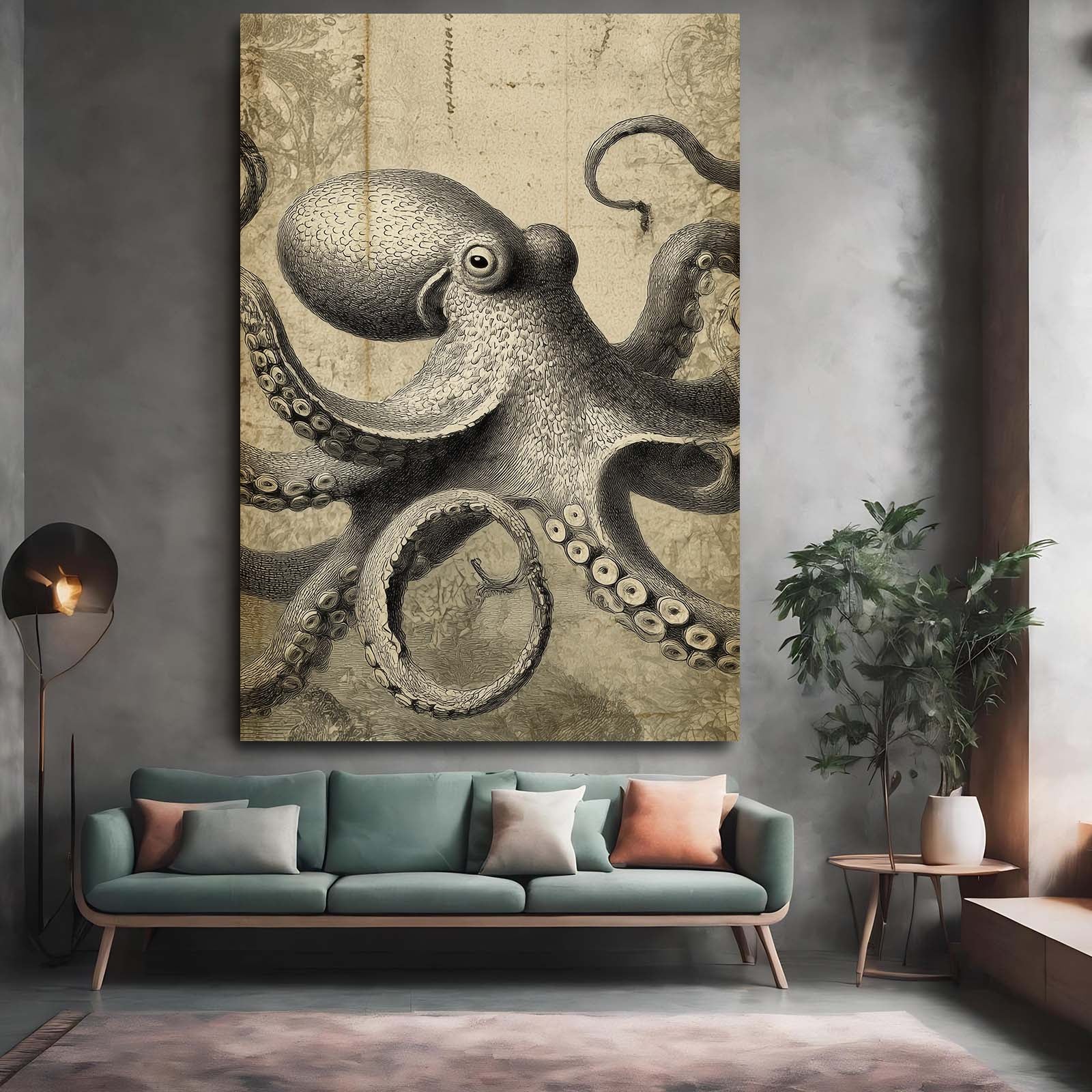 Sepia Etching Octopus Wall Decor – styled in a furnished interior