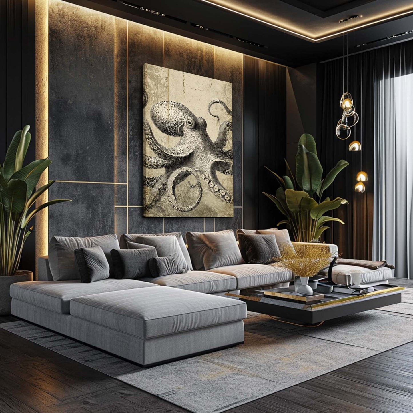 Sepia Etching Octopus Wall Decor – styled in a furnished interior