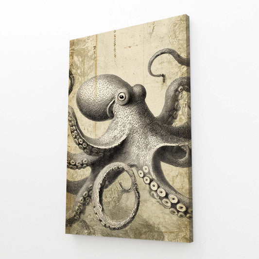 Sepia Etching Octopus Wall Decor – angled canvas view on white background