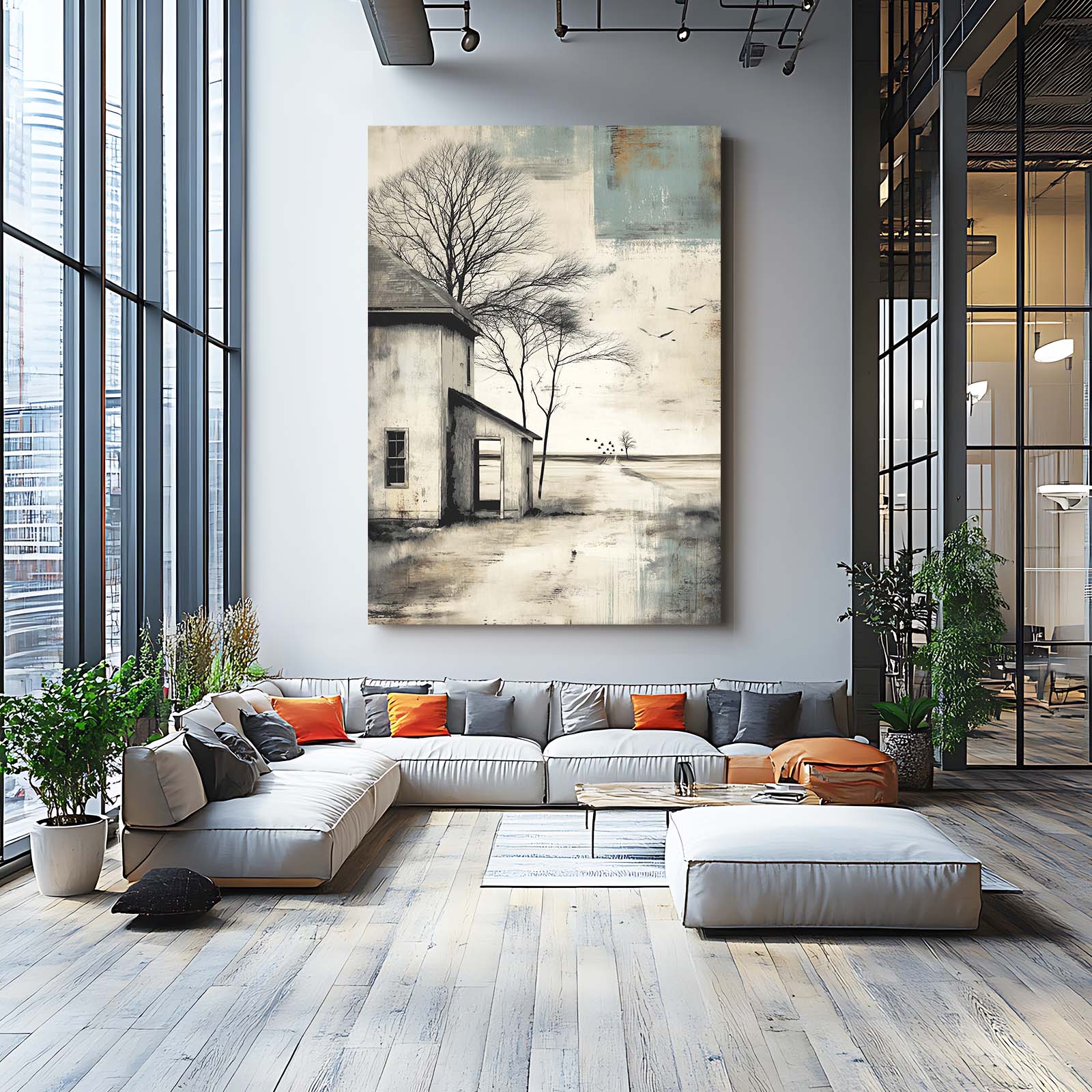 Sepia Farmhouse Sketch Farmhouse Wall Art – styled in a furnished interior