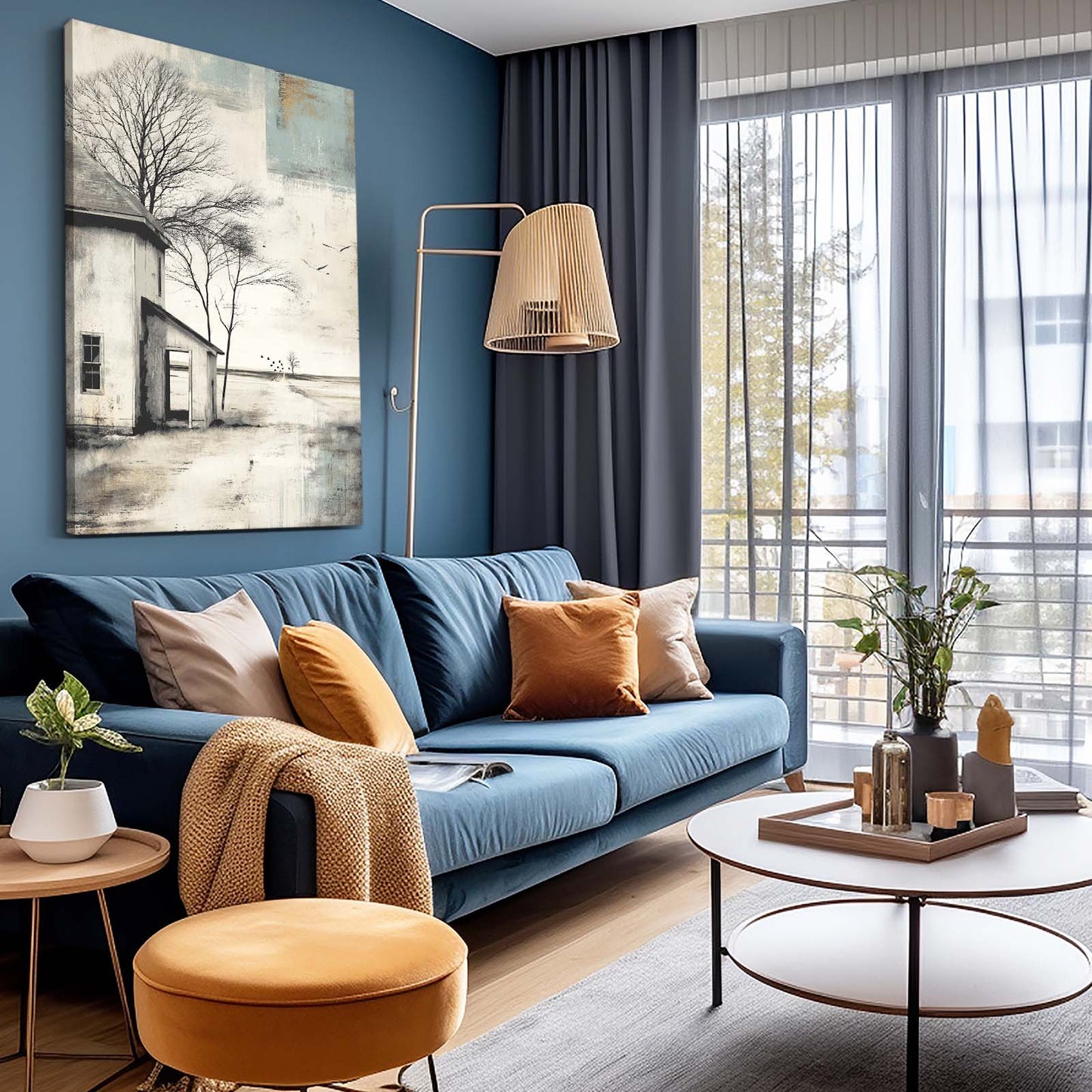 Sepia Farmhouse Sketch Farmhouse Wall Art – styled in a furnished interior