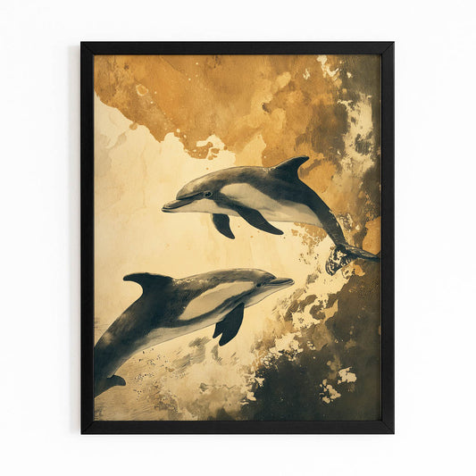 Sepia Gold Dolphin Art – with Premium Black wood frame on white background