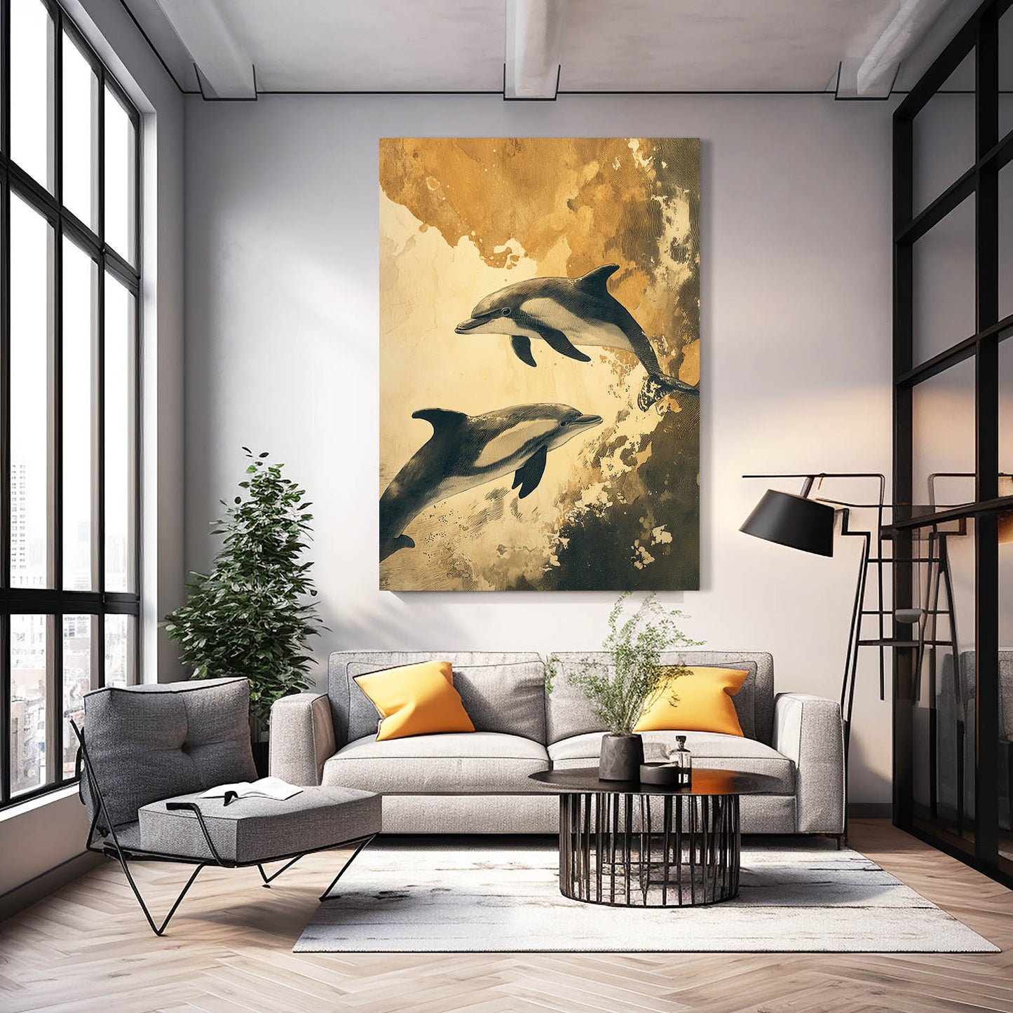 Sepia Gold Dolphin Art – styled in a furnished interior