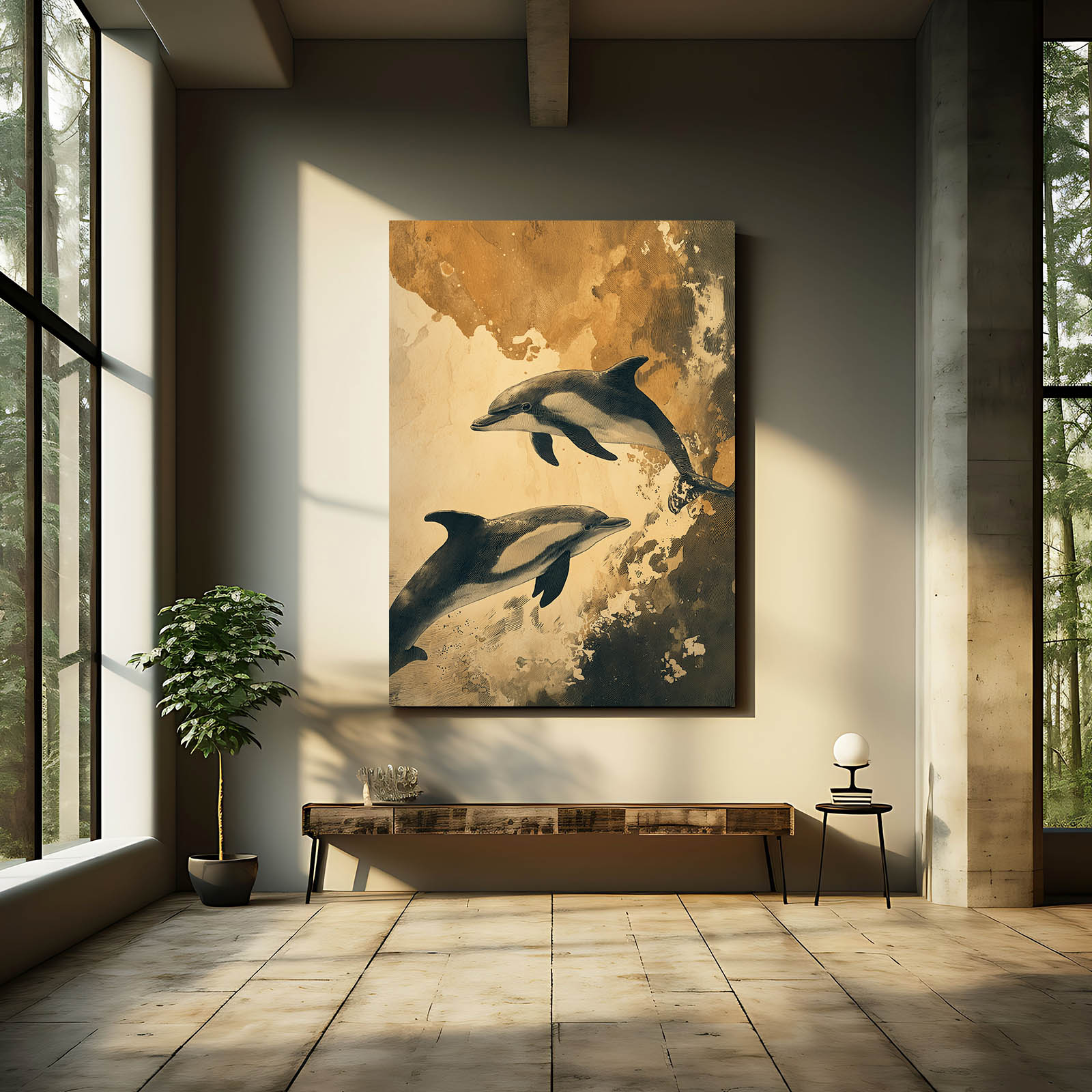 Sepia Gold Dolphin Art – styled in a furnished interior