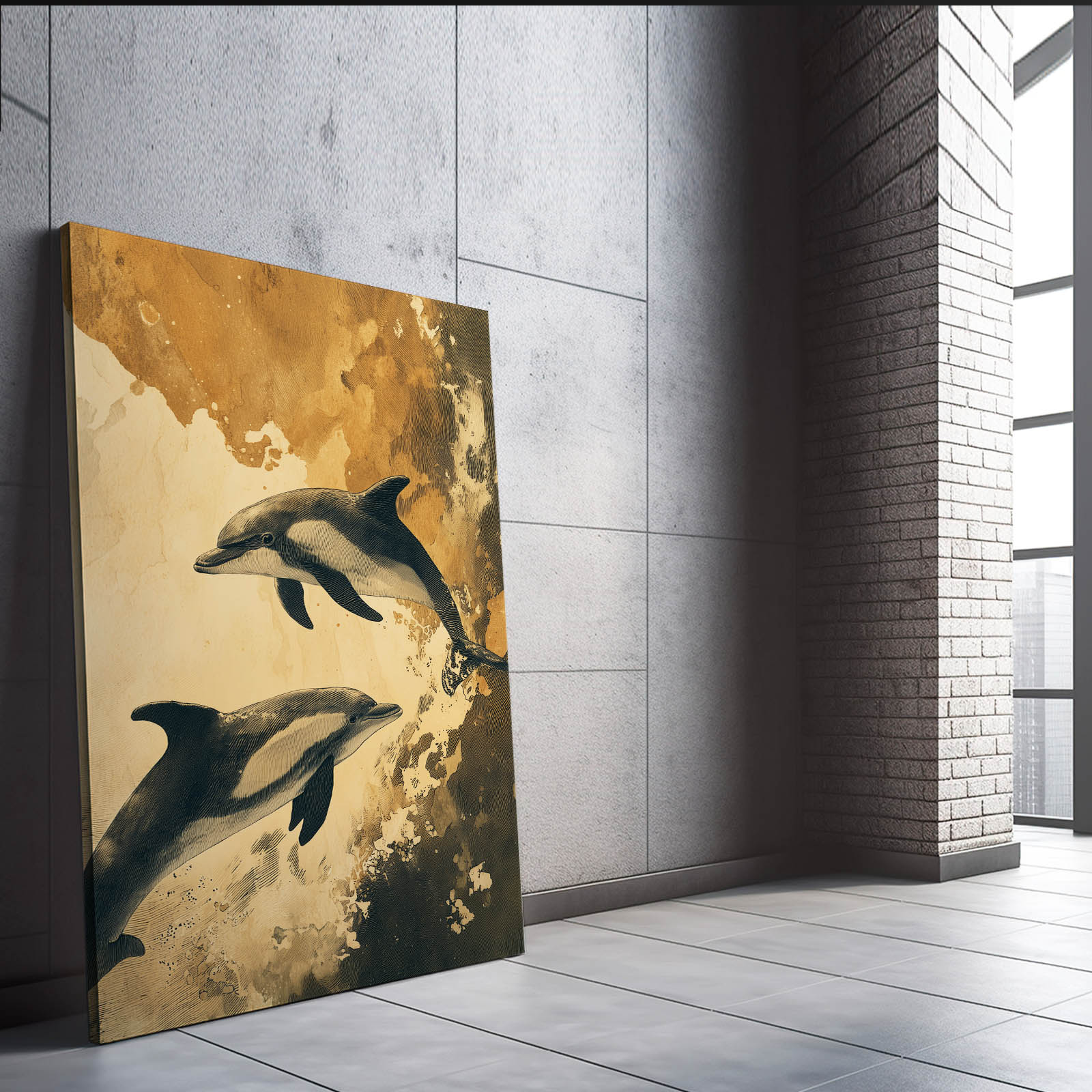 Sepia Gold Dolphin Art – styled in a furnished interior
