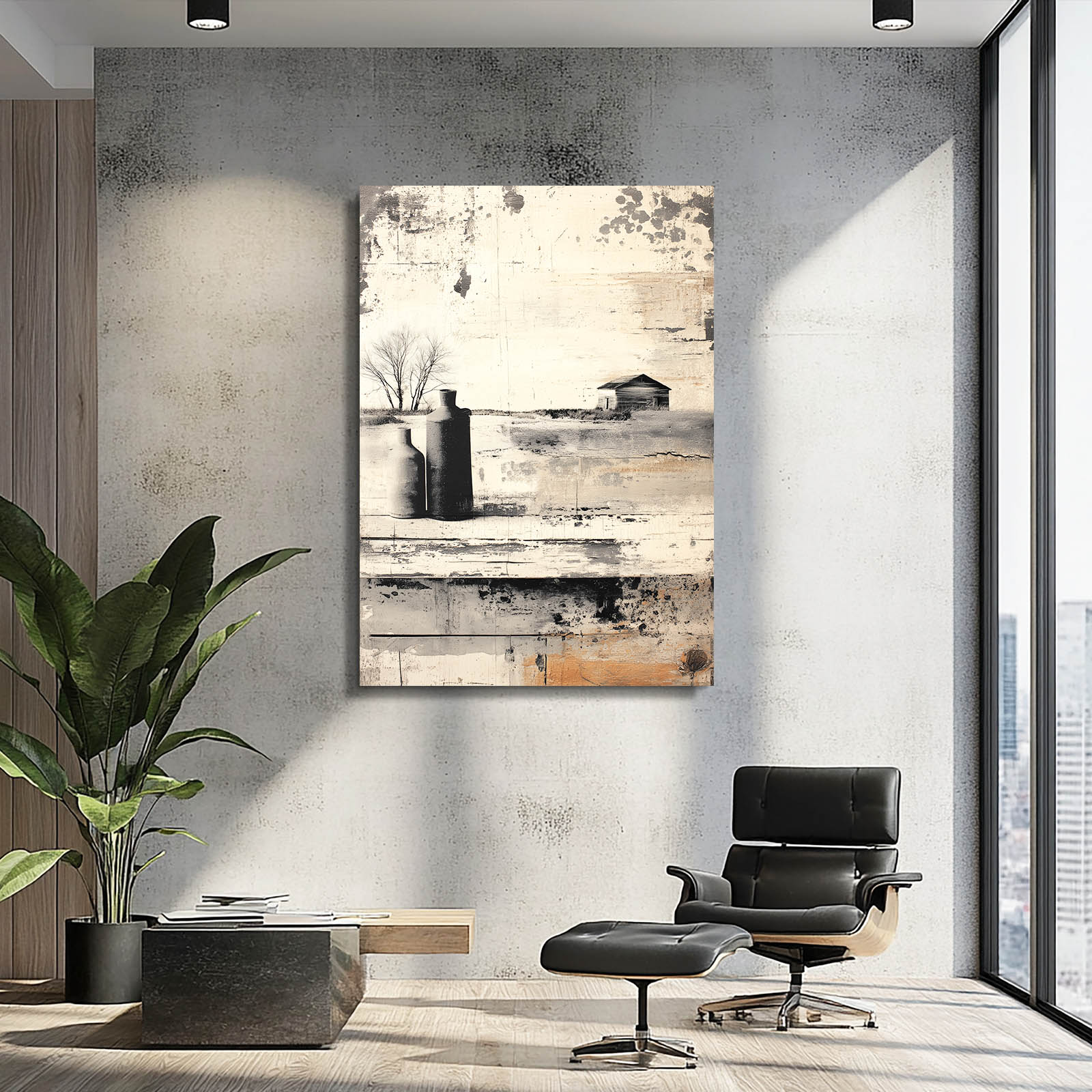 Sepia Grain Silo Sketch Farmhouse Art – styled in a furnished interior