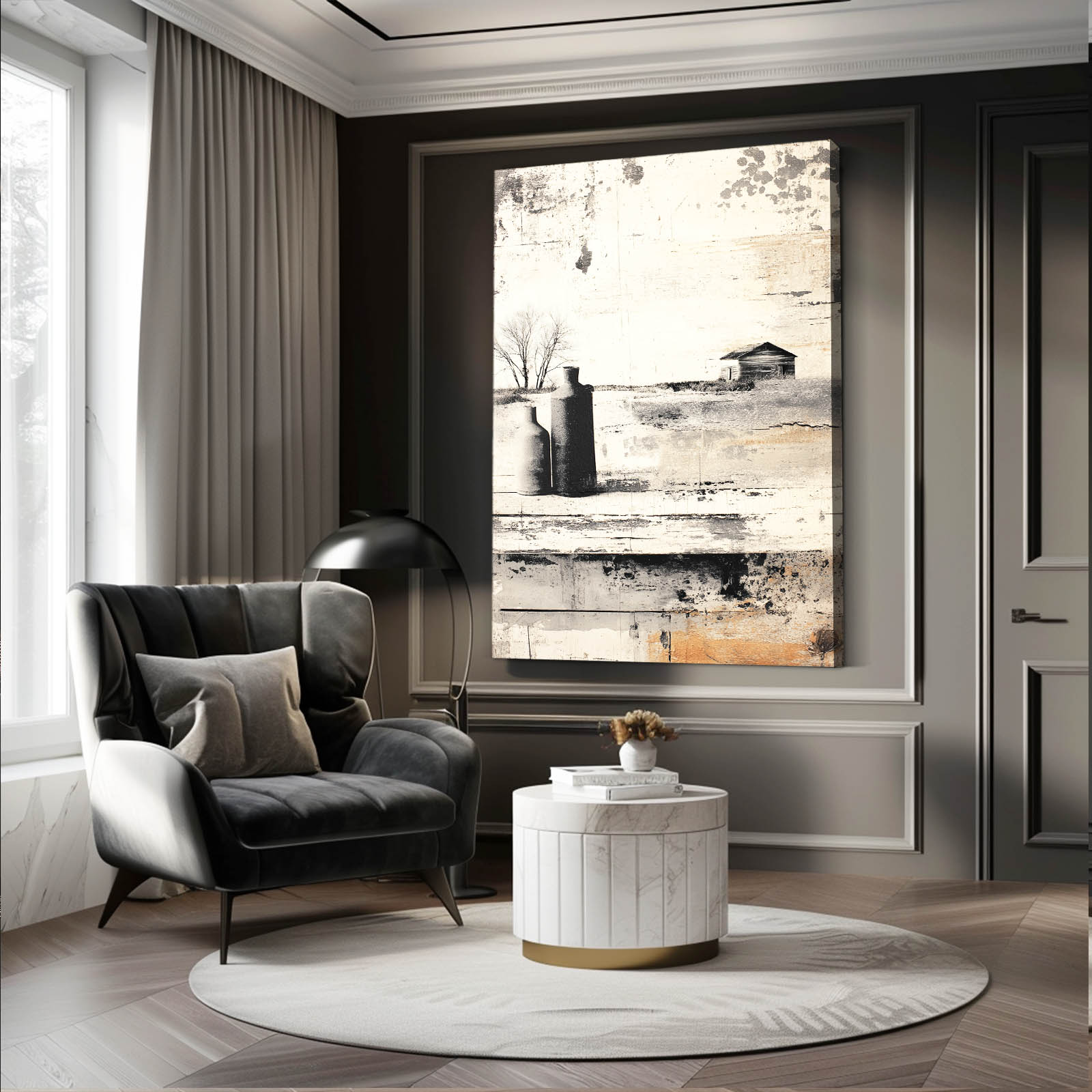 Sepia Grain Silo Sketch Farmhouse Art – styled in a furnished interior