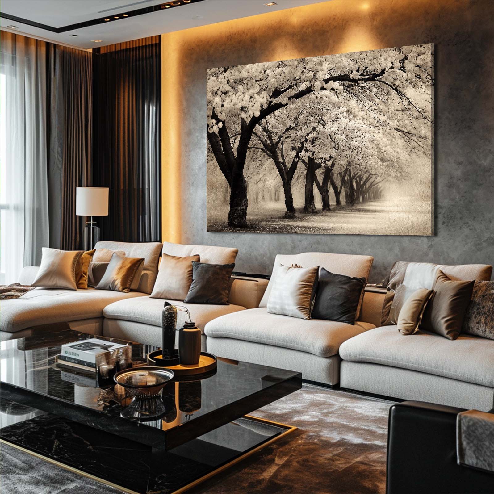 Sepia Orchard Cherry Blossom Wall Decor – styled in a furnished interior