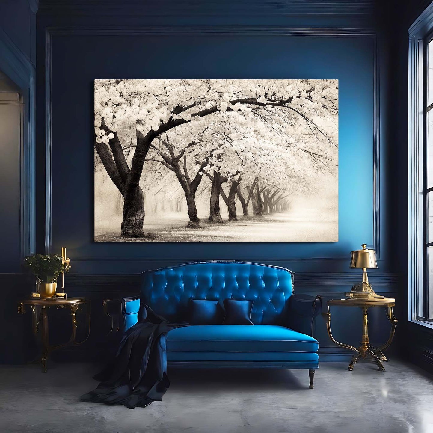 Sepia Orchard Cherry Blossom Wall Decor – styled in a furnished interior