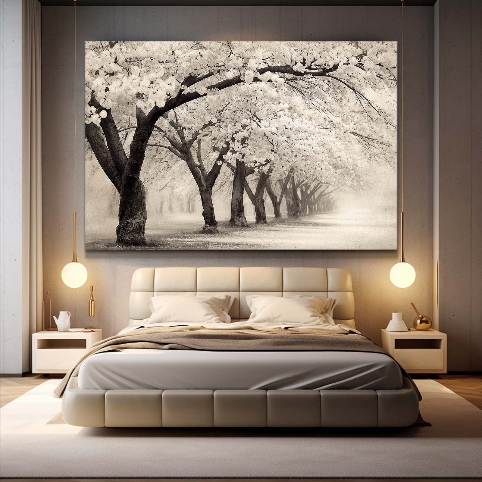 Sepia Orchard Cherry Blossom Wall Decor – styled in a furnished interior