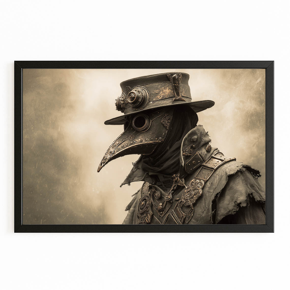 Sepia Plague Doctor Steampunk Art – with Premium Black frame on white background