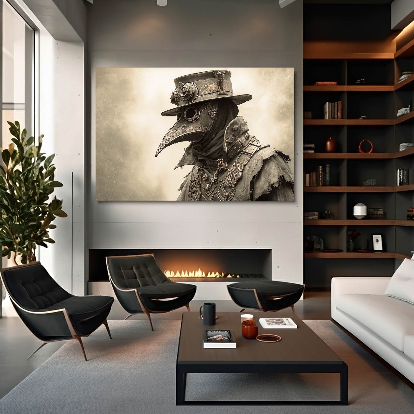 Sepia Plague Doctor Steampunk Art – styled in a furnished interior