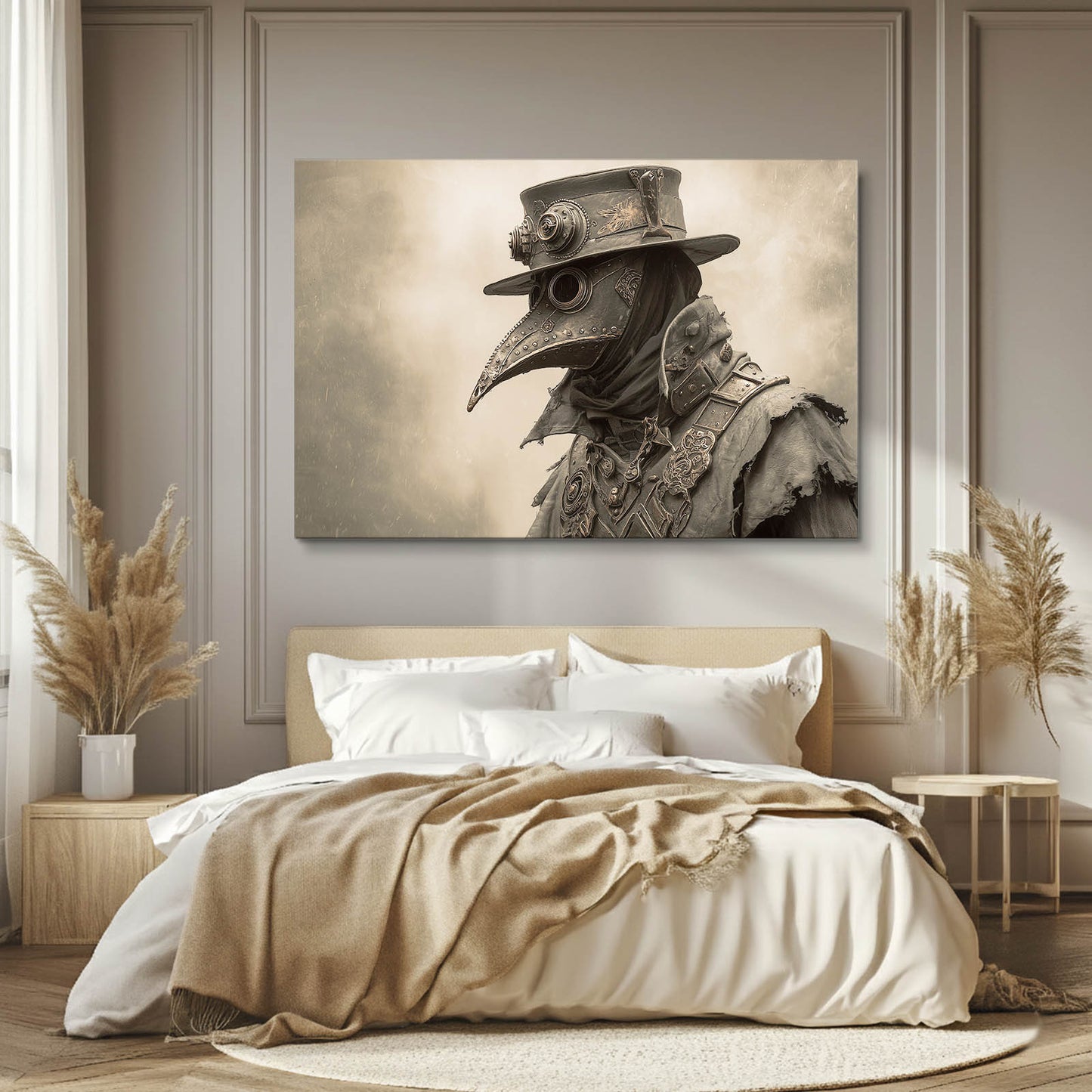 Sepia Plague Doctor Steampunk Art – styled in a furnished interior