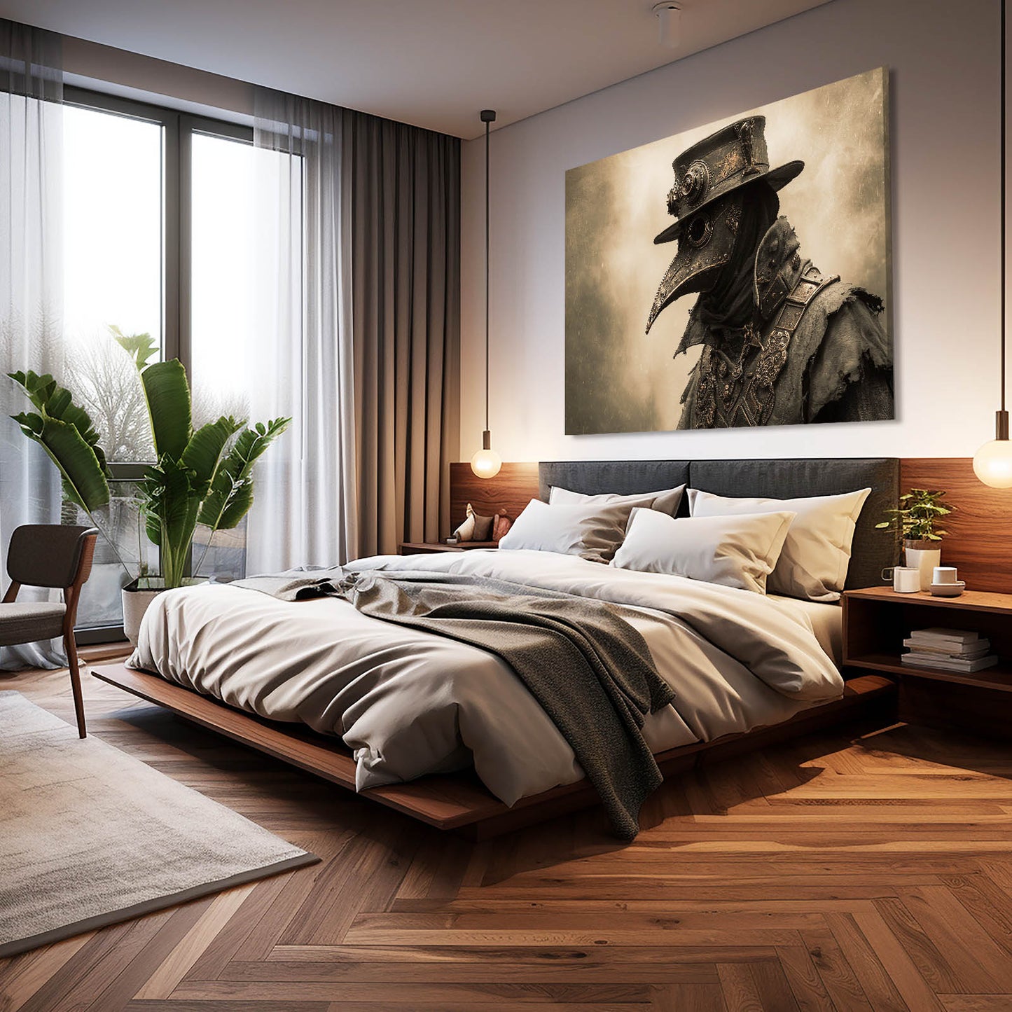 Sepia Plague Doctor Steampunk Art – styled in a furnished interior