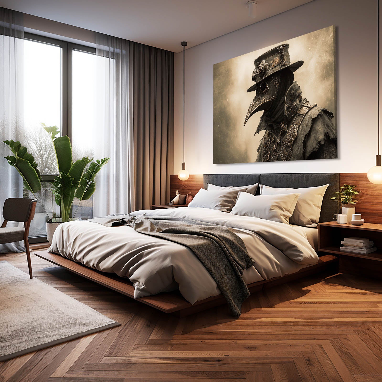 Sepia Plague Doctor Steampunk Art – styled in a furnished interior
