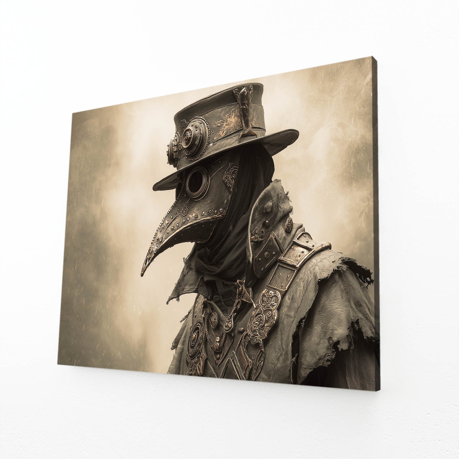 Sepia Plague Doctor Steampunk Art – angled canvas view on white background