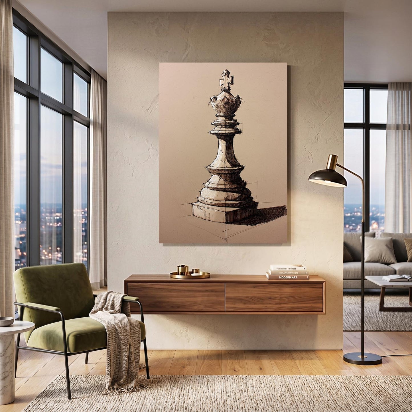 Sepia Queen Study Chess Canvas – styled in a furnished interior