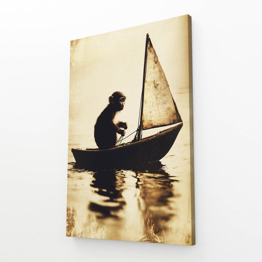 Sepia Sailboat Voyage Monkey Art – angled canvas view on white background