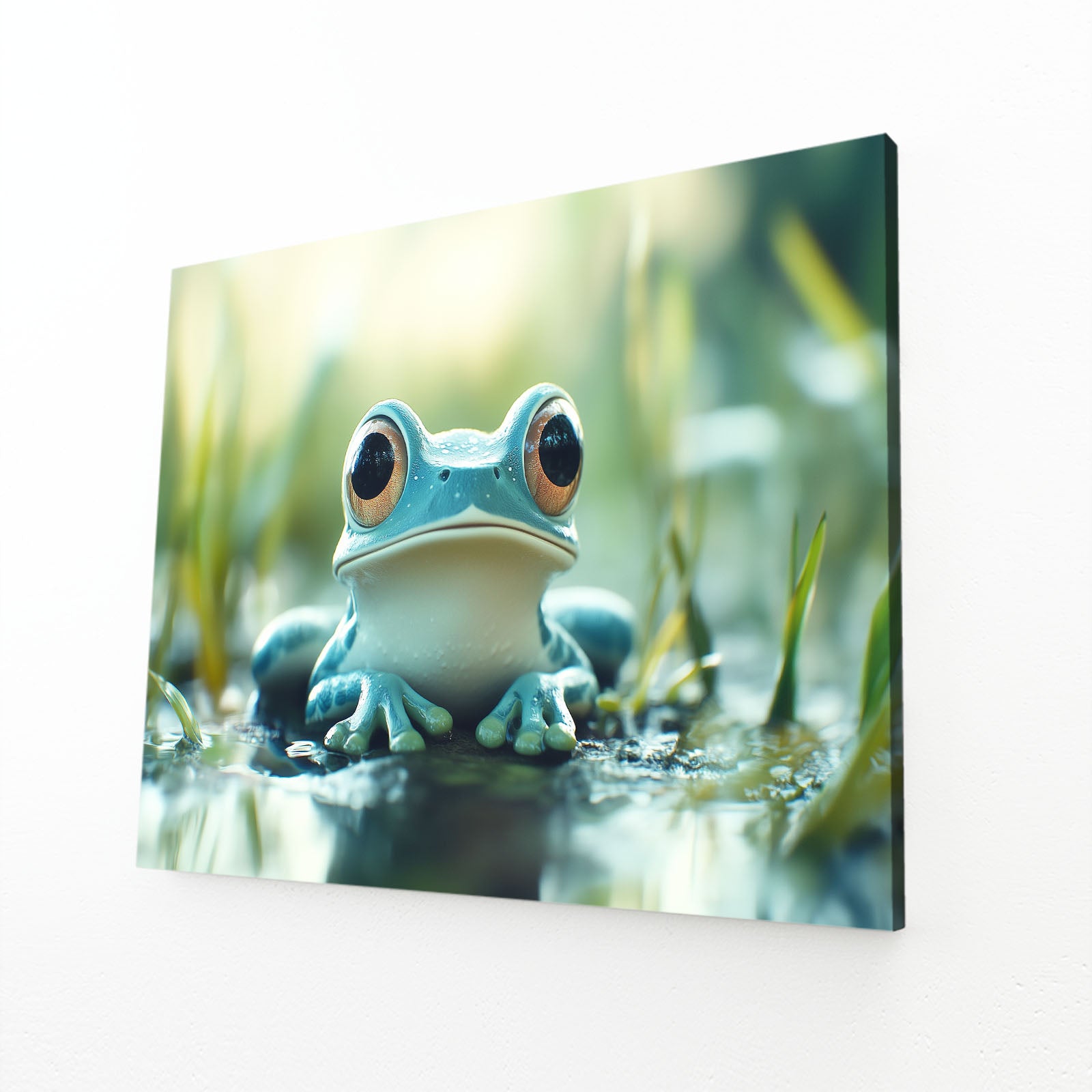Serene Blue Frog Wall Decor – angled canvas view on white background