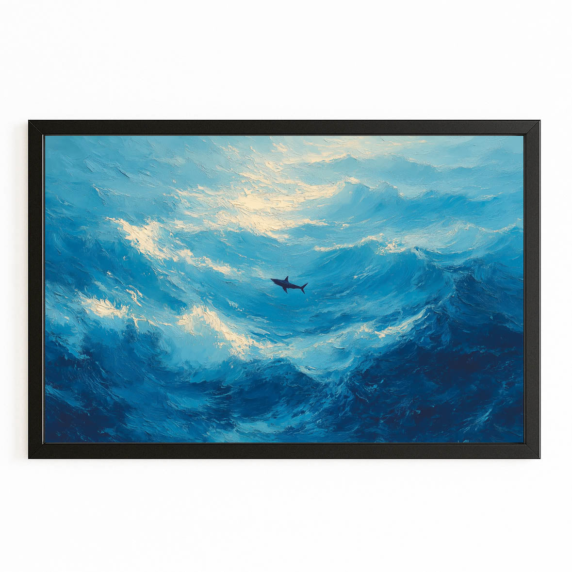 Serene Blue Sky Shark Wall Decor – with Premium Black frame on white background