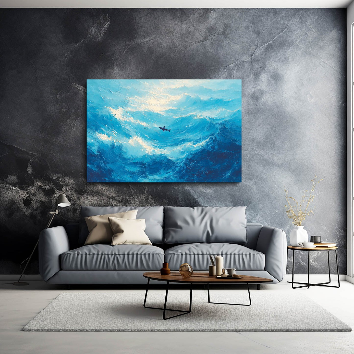 Serene Blue Sky Shark Wall Decor – styled in a furnished interior