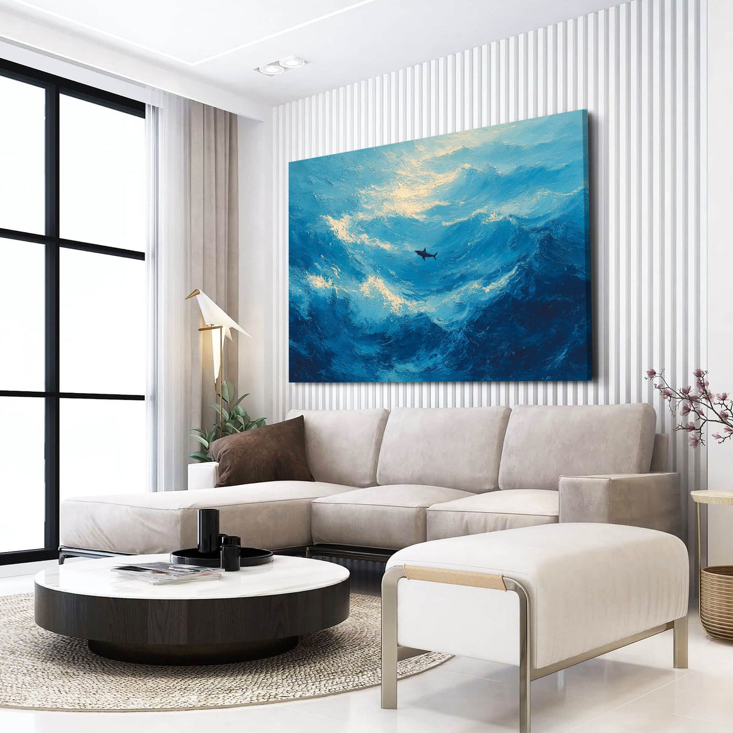 Serene Blue Sky Shark Wall Decor – styled in a furnished interior