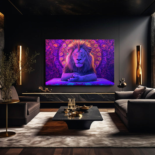 Serene Mandala Lion Art — 3d canvas print in purple tones, view 3