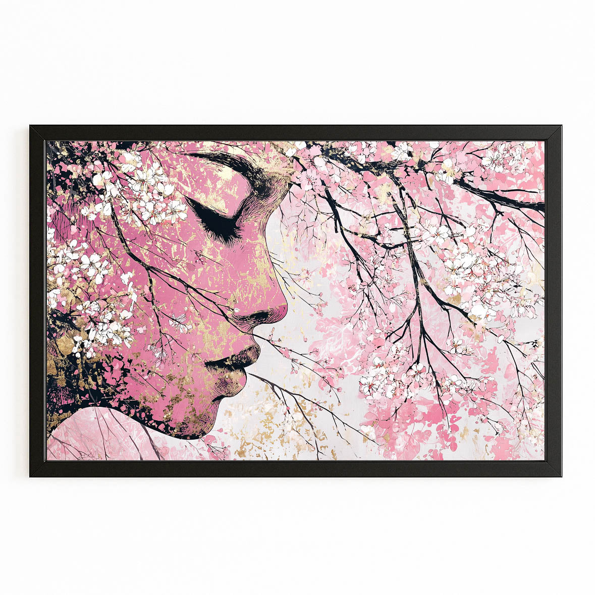 Serene Profile Cherry Blossom Wall Decor – with Premium Black frame on white background