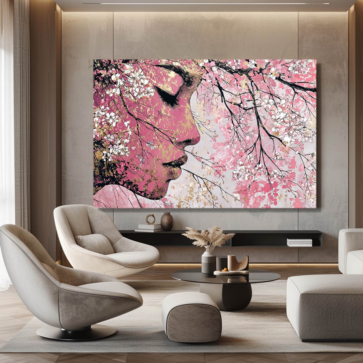 Serene Profile Cherry Blossom Wall Decor – styled in a furnished interior