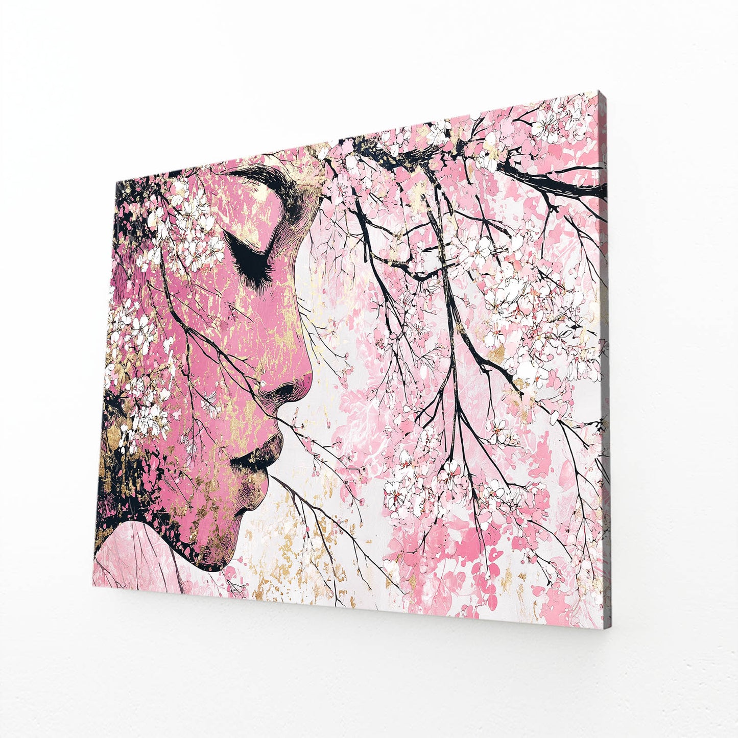 Serene Profile Cherry Blossom Wall Decor – angled canvas view on white background