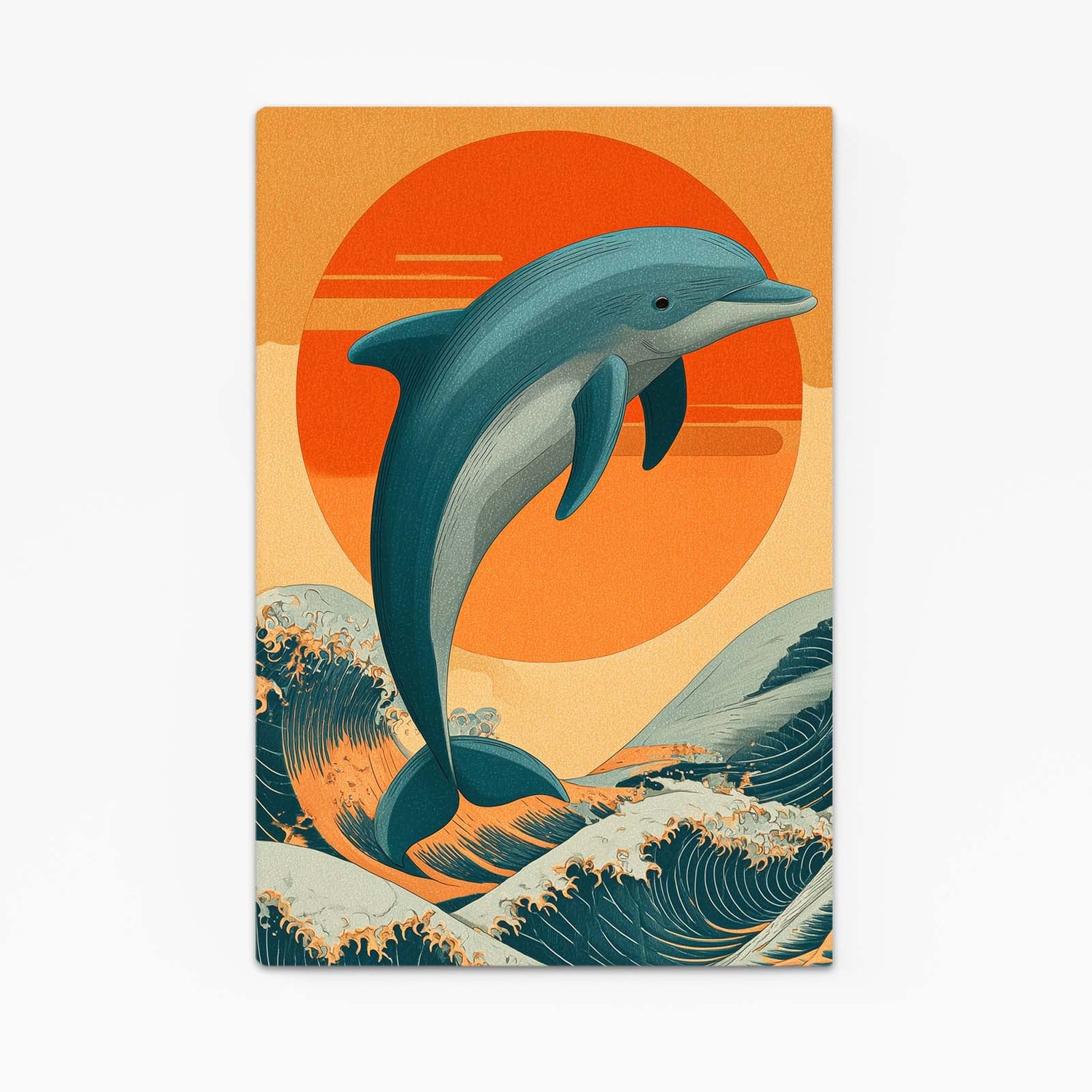 Seventies Sunset Dolphin Art – dolphin leaping before a giant striped orange 70s sun over stylized waves