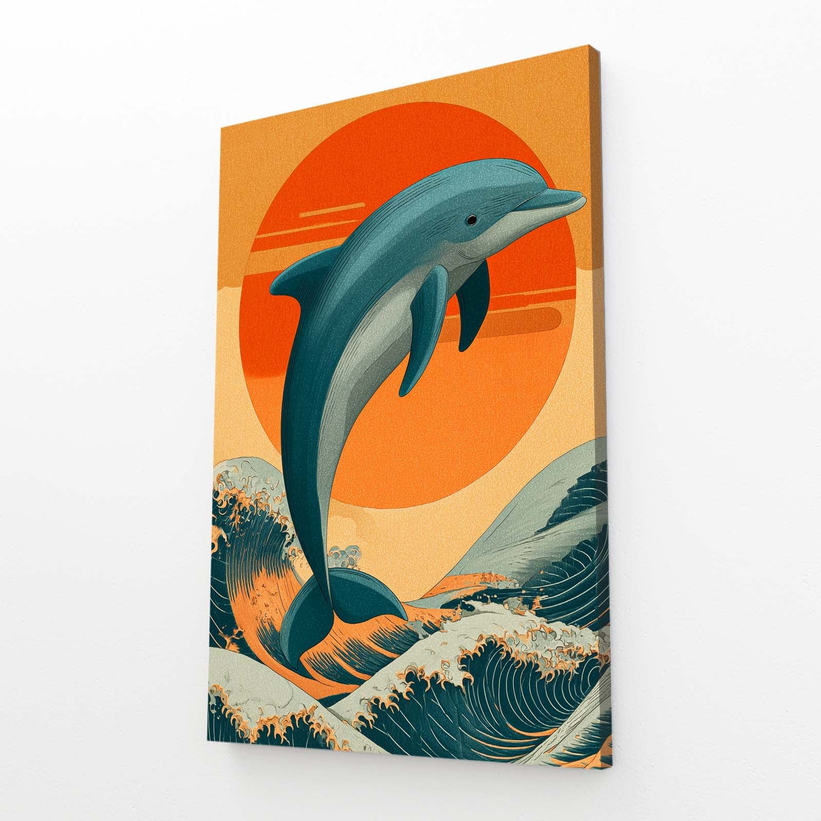 Seventies Sunset Dolphin Art – angled canvas view on white background