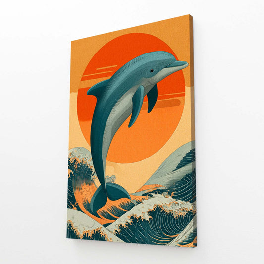 Seventies Sunset Dolphin Art – angled canvas view on white background