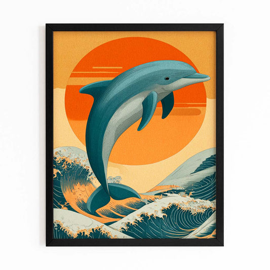 Seventies Sunset Dolphin Art – with Premium Black wood frame on white background