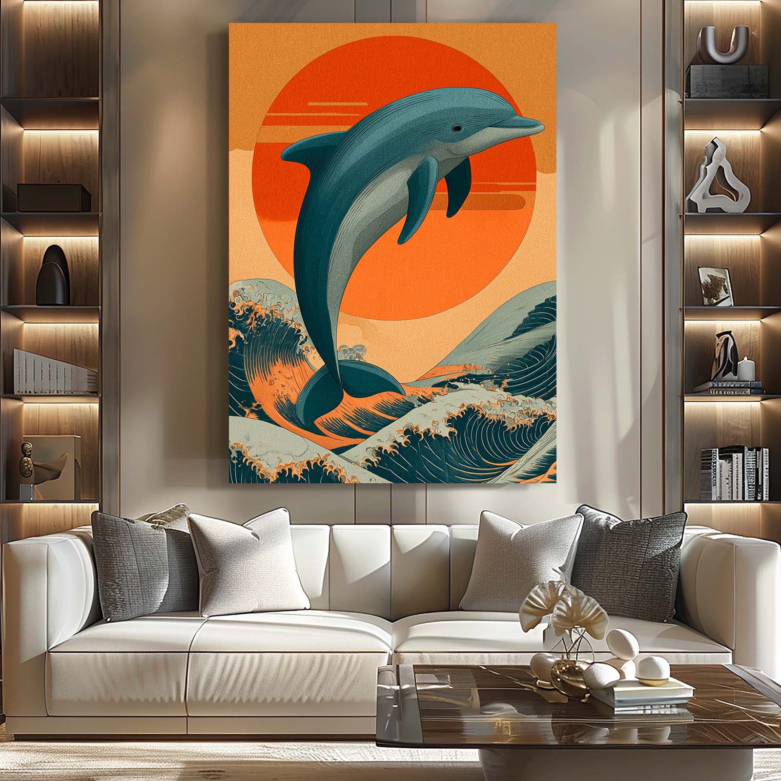 Seventies Sunset Dolphin Art – styled in a furnished interior