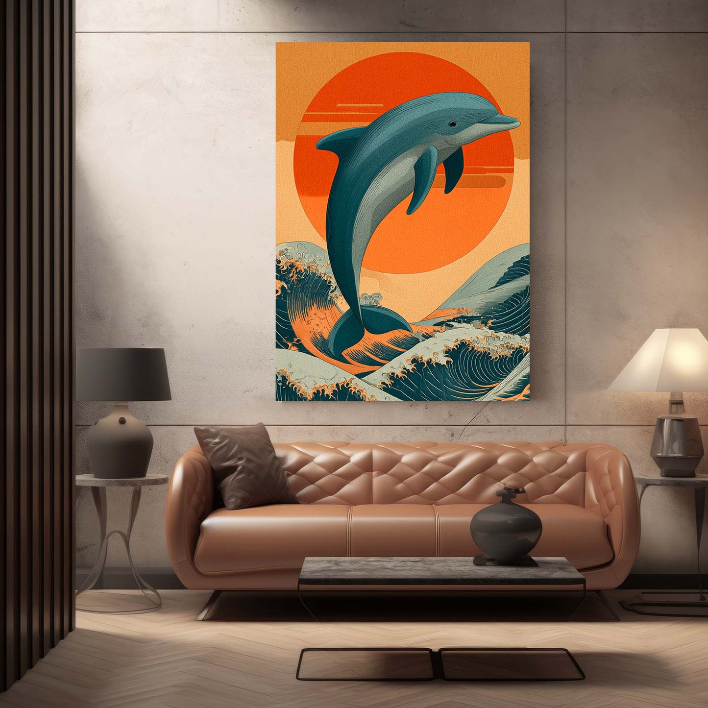 Seventies Sunset Dolphin Art – styled in a furnished interior
