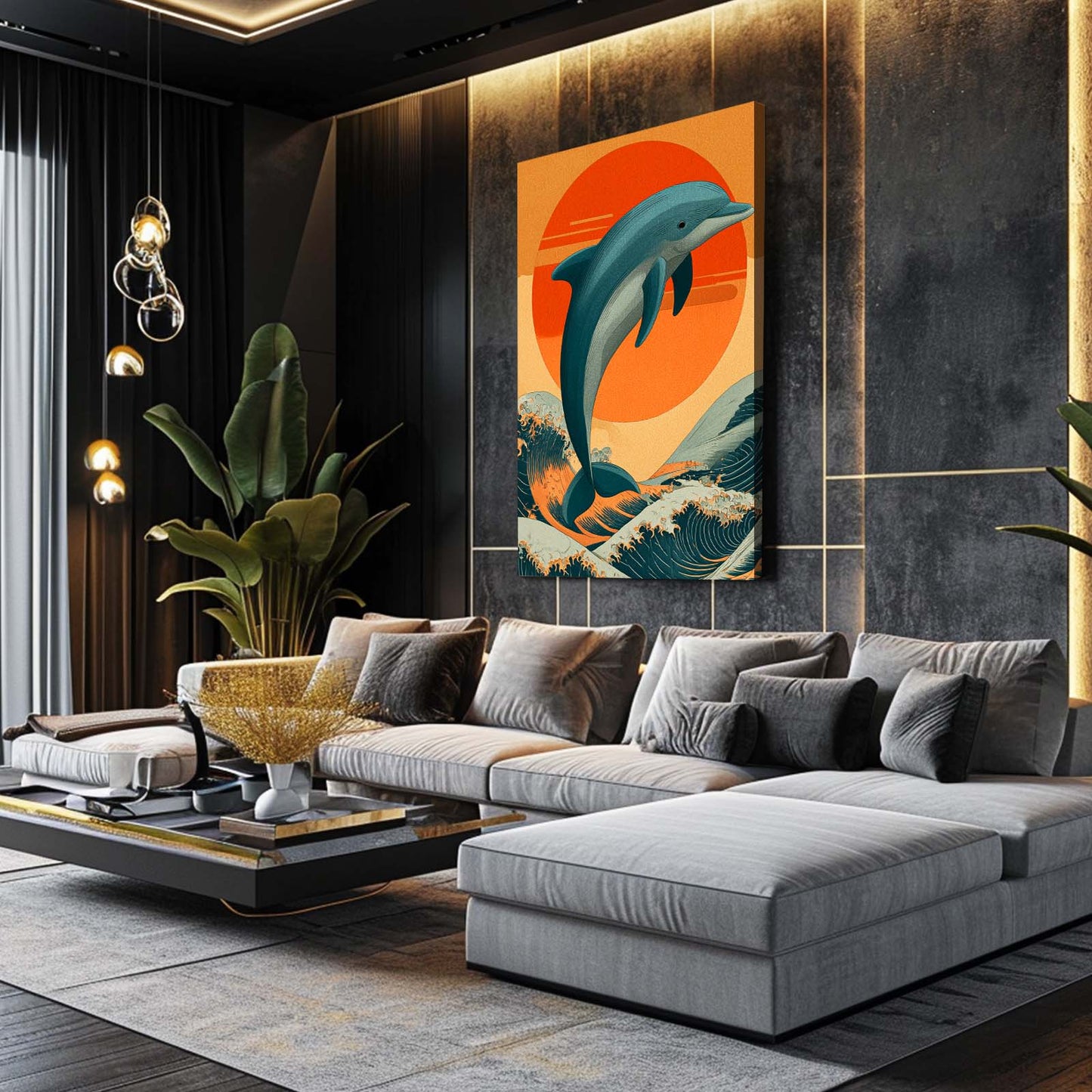 Seventies Sunset Dolphin Art – styled in a furnished interior