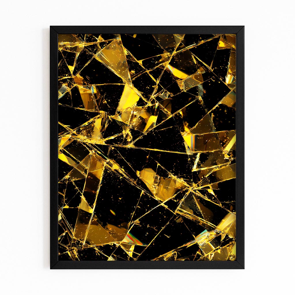 Shattered Gold Facets Wall Art – with Premium Black frame on white background