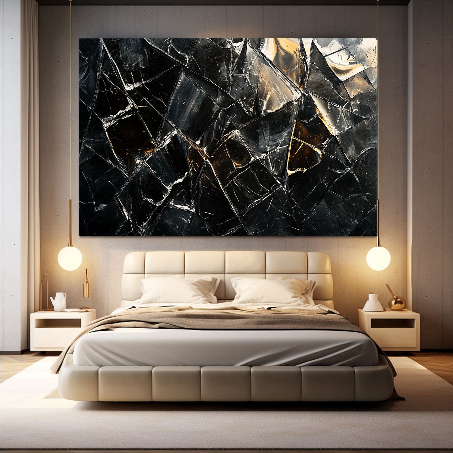 Shattered Obsidian Glass Abstract Art – styled in a furnished interior