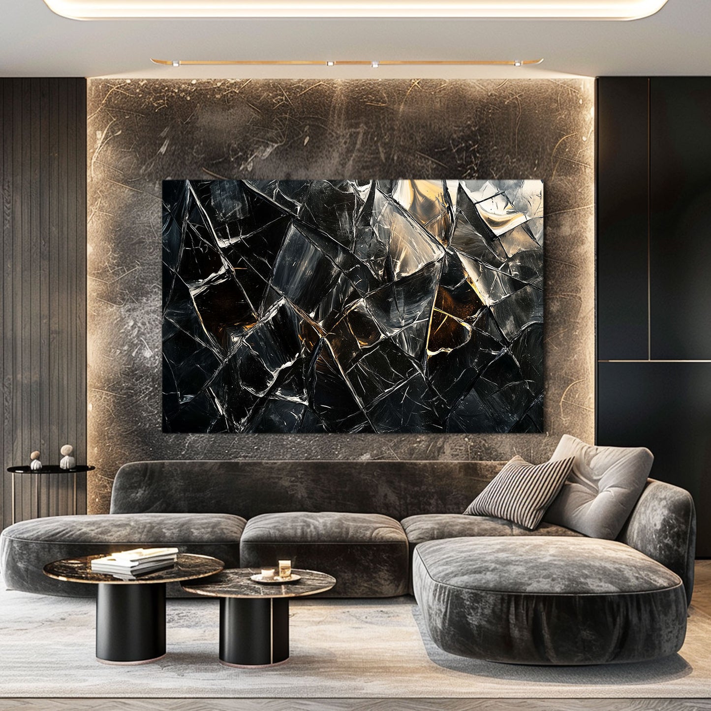 Shattered Obsidian Glass Abstract Art – styled in a furnished interior