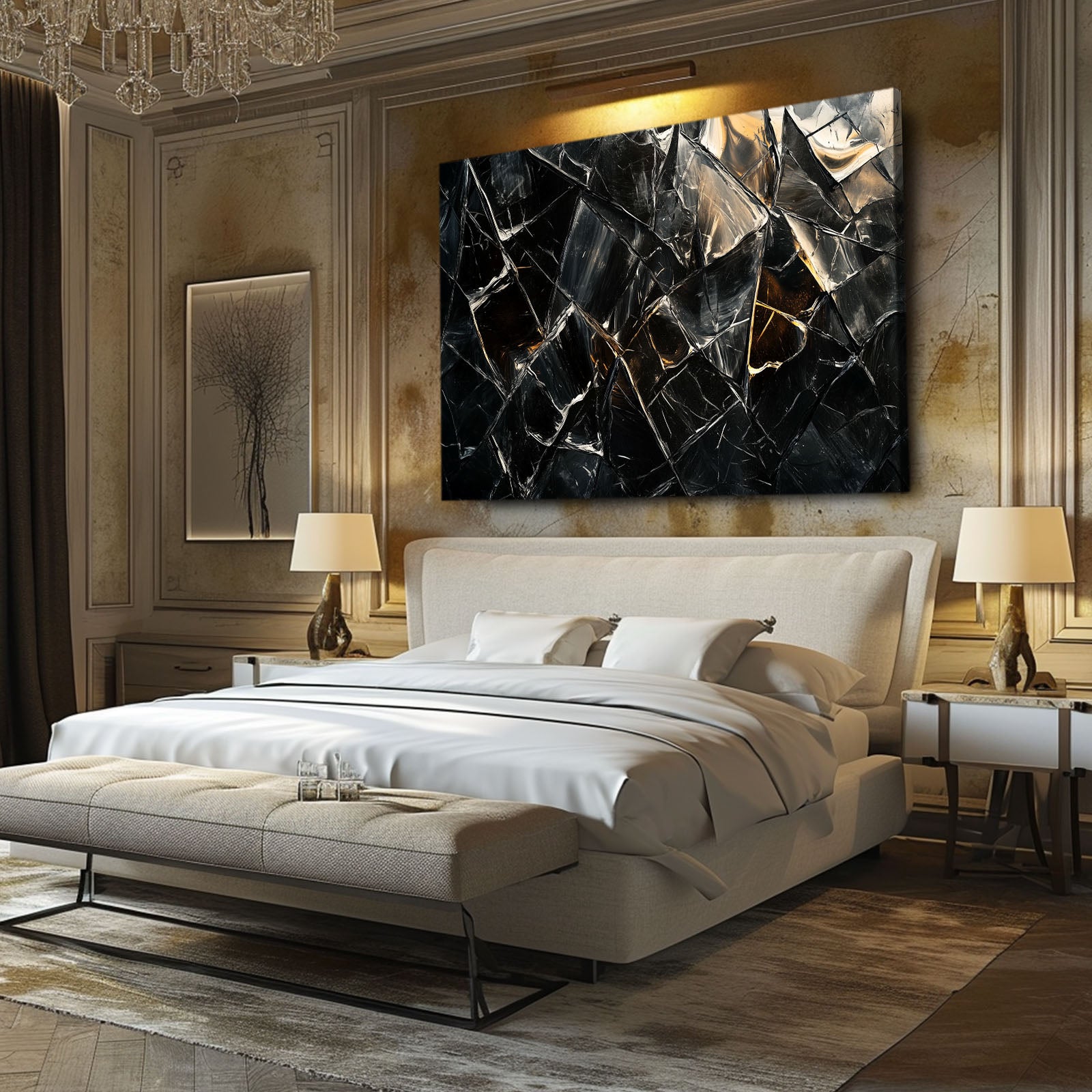 Shattered Obsidian Glass Abstract Art – styled in a furnished interior