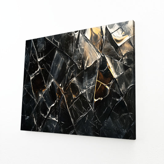 Shattered Obsidian Glass Abstract Art – angled canvas view on white background