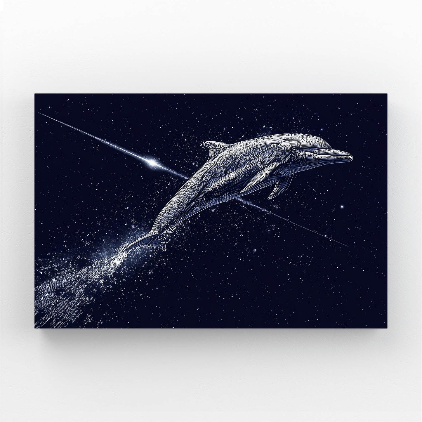 Shooting Star Dolphin Wall Art – two silver dolphins leaping beneath a shooting star over a night-navy sea