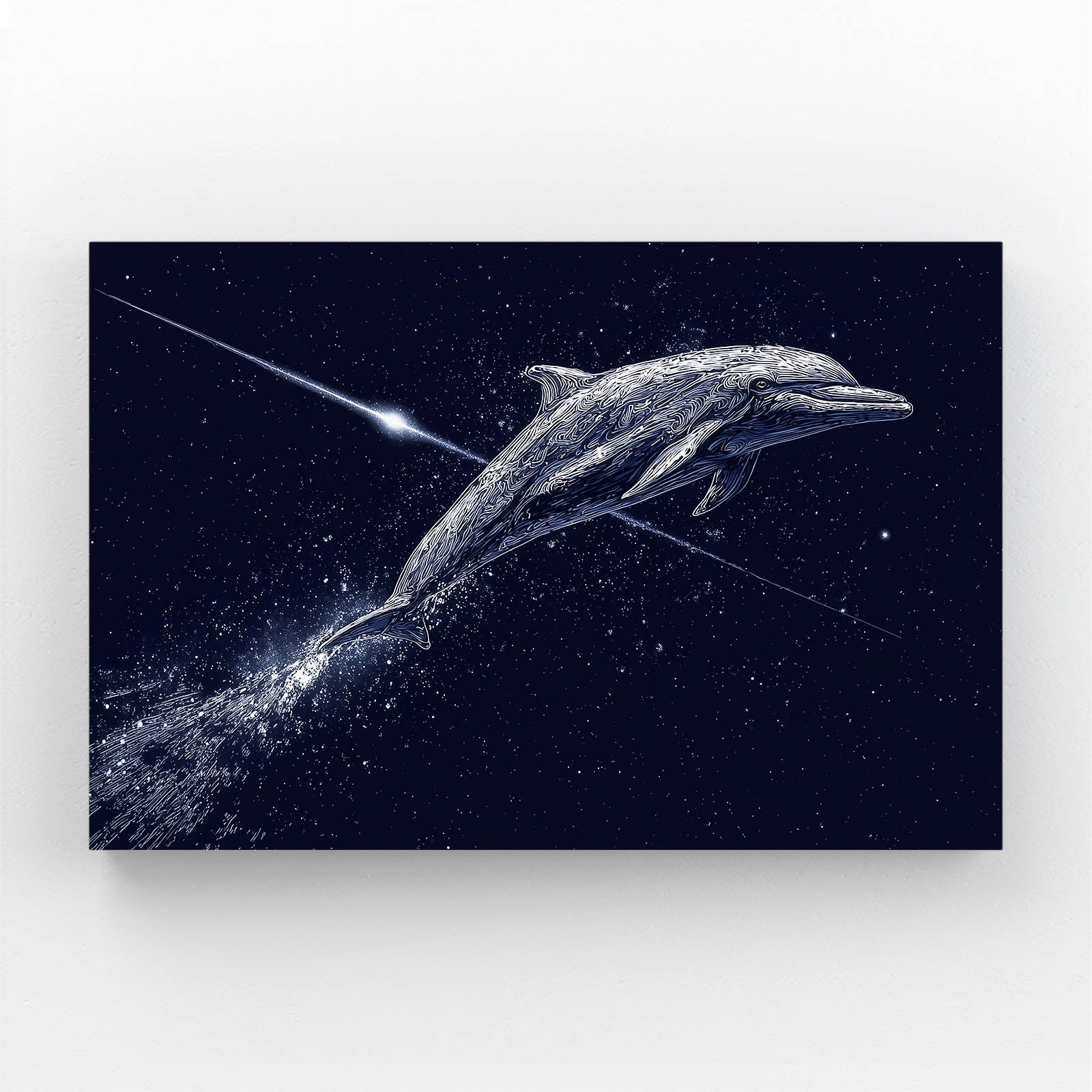 Shooting Star Dolphin Wall Art – two silver dolphins leaping beneath a shooting star over a night-navy sea